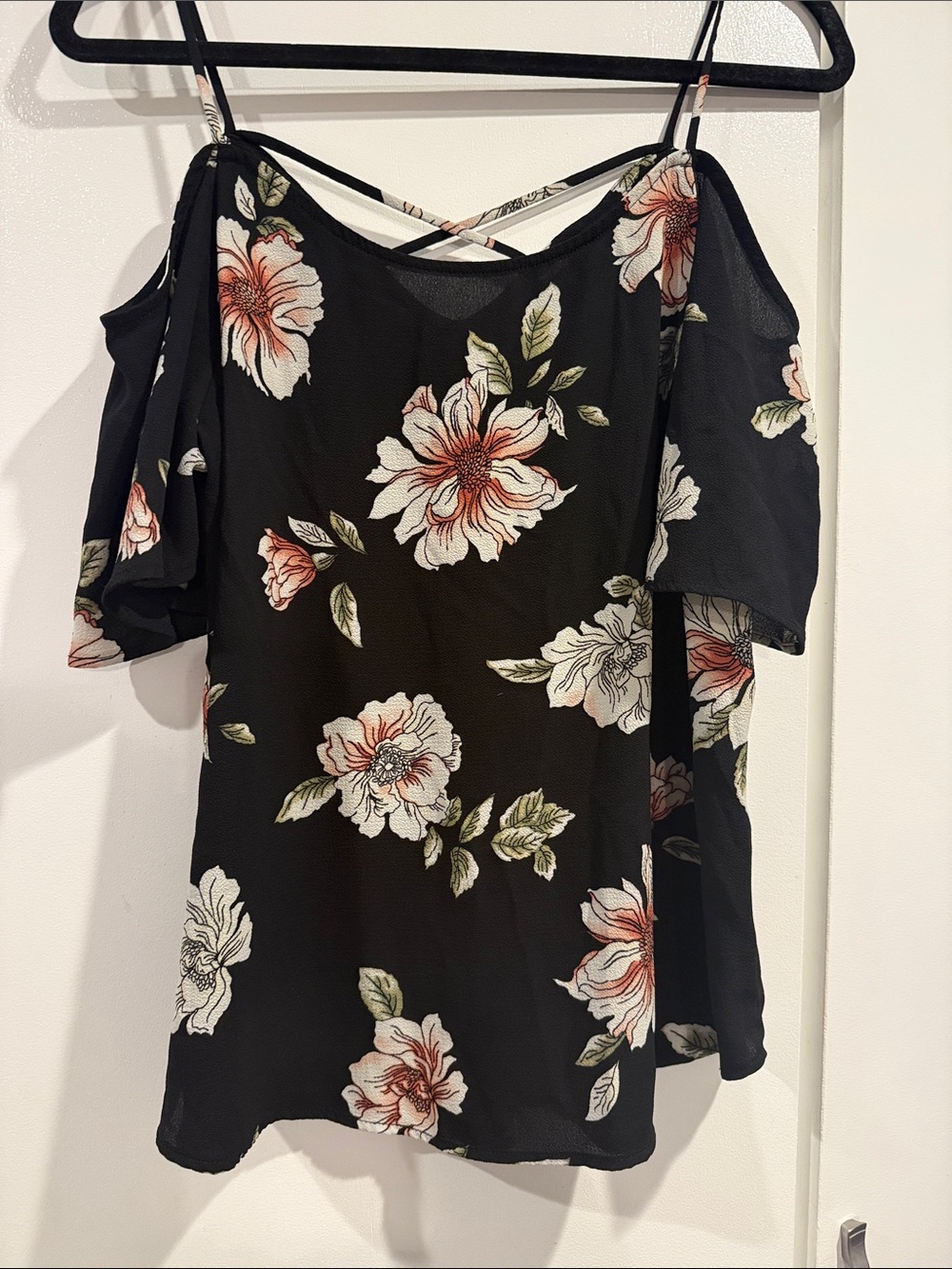 Floral Cold-Shoulder Women’s Top - Black with Cream & Pink Flowers
